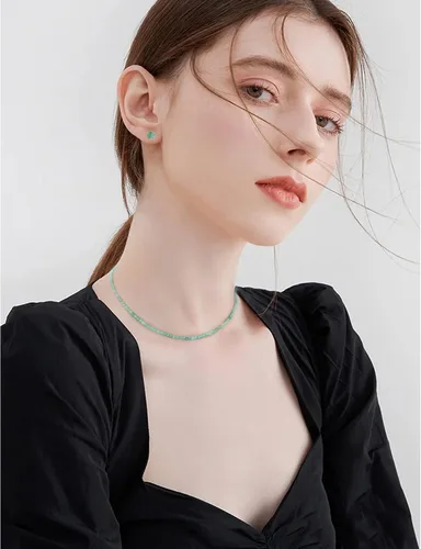 Vista 2 de Genuine Stone Choker 3MM Tiny Beaded Choker Necklace S925 Earrings Facet Shinny Crystal Choker Necklace 14"+3" Adjustable Jewelry Sets Gifts for