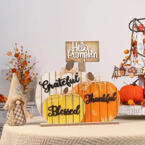 Vista 4 de SY Super Bang Decoraciones de Otoño para el Hogar, Letrero Rústico de Madera Bendecido Agradecido Afortunado de Calabaza para Mesa, Decoración