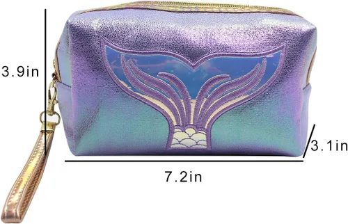 Vista 6 de Bolsa de cosméticos holográfica, organizador de artículos de tocador de viaje, bolsa de almacenamiento de sirena, estuche de, Azul
