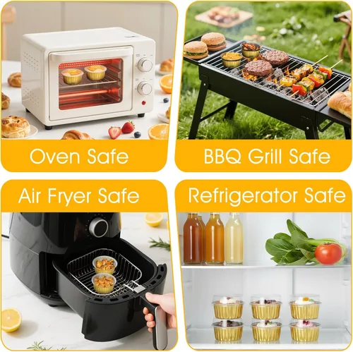 Vista 7 de 100 moldes redondos desechables de papel de aluminio de 5 onzas con tapas a juego Portable Disposable Foil Baking Cups, Ideal Food Containers for