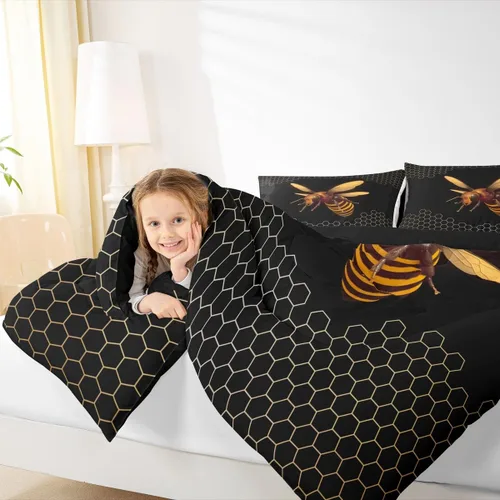 Vista 6 de Erosebridal Honey Bee - Juego de edredón tamaño individual, color negro y dorado, juego de edredón de animales lindos con diseño geométrico de panal