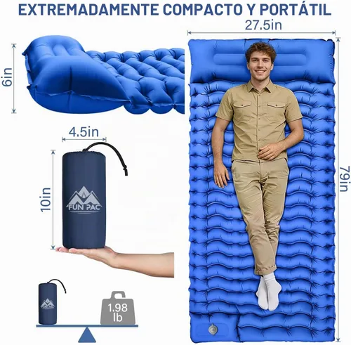 Vista 5 de FUN PAC Almohadilla de dormir para acampar con almohada Bomba de pie incorporada Esterilla de dormir inflable compacta para acampar mochilero Azul