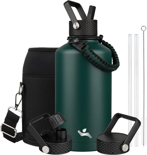 Vista 50 de Konokyo - Botella de agua aislada de 18 onzas, botellas deportivas de acero inoxidable con 3 tapas, verde militar