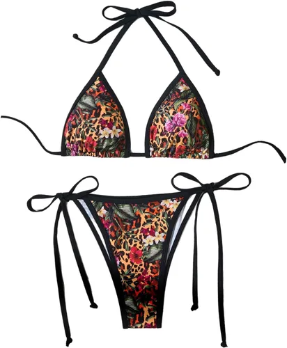 Vista 10 de WDIRARA Traje de baño de dos piezas para mujer estilo boho con estampado floral, conjunto de bikini halter con tiras en forma de triángulo