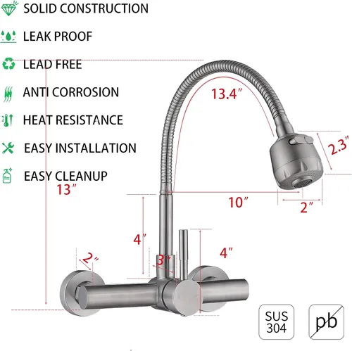 Vista 4 de Grifo de fregadero de cocina de montaje en pared con rociador de 8 pulgadas en el centro, grifo mezclador de fregadero de acero inoxidable de níquel