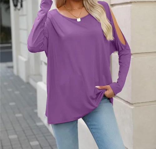 Vista 3 de ONDIAN Women's Cold Shoulder Long Sleeve Tunic Tops Loose Casual Off Asymmetrical Oversized Shirts Blouses Boat Neck Tunics