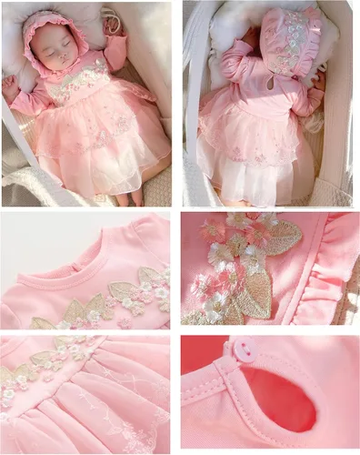 Vista 2 de foohinck Ropa de vestir para niña recién nacida, 0, 3, 6 meses, vestido de princesa rosa, traje de bautismo blanco, vestido de fiesta, sombrero