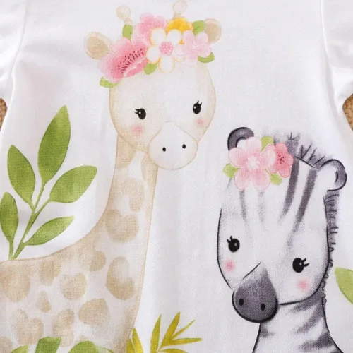 Vista 5 de Linda jirafa + cebra con estampado floral de manga larga para bebé niña, mono blanco para mameluco de una pieza