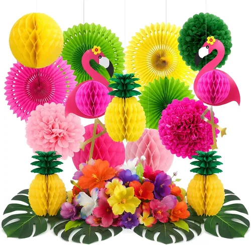 Vista 8 de Juego de 29 piezas de decoración de fiesta de hojas de palmera de flamenco tropical, abanicos de papel, pompones y linternas para Luau hawaiano