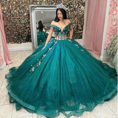 Vista 4 de Zhangyo V cuello dulce 16 vestidos de quinceañera vestido de bola hinchado fuera del hombro vestido de 15 años tul vestido de fiesta CXL050