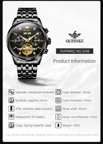 Vista 7 de OUPINKE Relojes Automáticos para Hombres Mecánicos Esqueleto Reloj de Vestir de Lujo para Hombre Acero de Tungsteno Resistente al Agua Luminoso