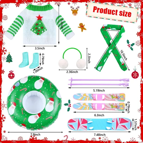 Vista 2 de Hungdao Juego de 9 accesorios para muñecas de Navidad, incluye orejeras, bufanda suave, suéter acogedor, tubo inflable para nieve, accesorio de ropa