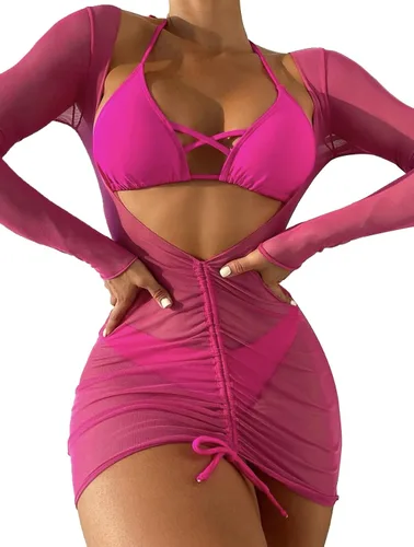 Vista 13 de SherryDC Traje de baño sexy de 3 piezas para mujer, conjunto de bikini triangular con cuello halter y manga larga, traje de baño con cordón