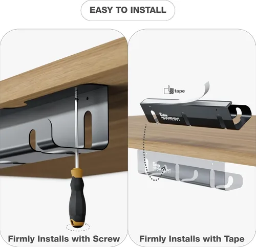 Vista 3 de Bandeja de organización de cables para debajo del escritorio, paquete de 2 organizadores de cables de metal negro de 16 pulgadas, sin adhesivo