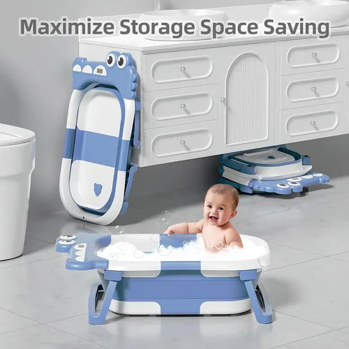 Vista 5 de MoreFeel Bañera plegable para bebé recién nacido con termómetro y 1 toalla con capucha y 1 cojín flotante suave, bañera de viaje portátil