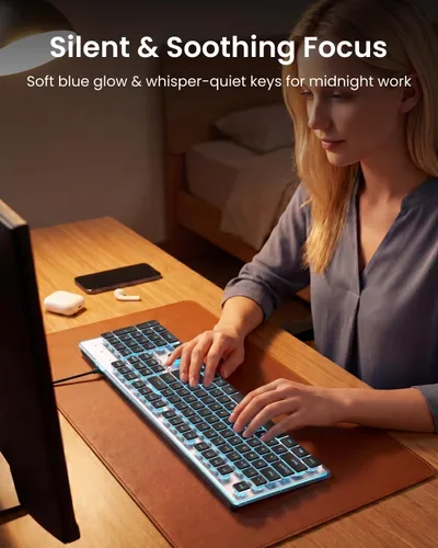 Vista 5 de SEUNKWANG Teclado retroiluminado con cable con teclas de pudín, teclado silencioso de computadora de tamaño completo, retroiluminación azul, fácil