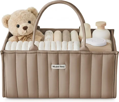 Vista 11 de Blissful Diary Organizador de pañales con flores, elegante cesta de almacenamiento para guardería, regalo para baby shower, imprescindible
