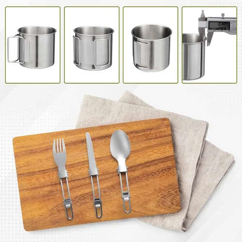 Vista 4 de Kit de utensilios de cocina para campamento, mochileros, ollas de 0.33 galones y sartenes de 0.17 galones, taza SUS304 de 0.08 galones, tenedores