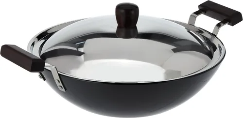 Vista 8 de Futura freidora con anodizado duro (Kadhai) con tapa de acero y parte inferior plana, Negro