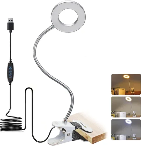 Vista 7 de Skymore Luz de escritorio con clip, [3 modos de color y 10 brillo] Luz de lectura LED con abrazadera, luz de libro de cuello de cisne flexible