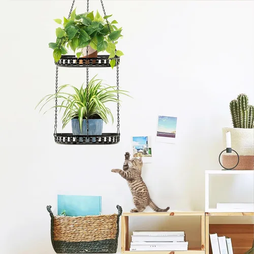 Vista 2 de Soporte para plantas colgantes para interior y exterior, estante para plantas colgantes de 2 niveles, soporte para plantas colgantes de metal