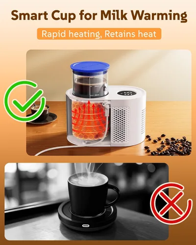 Vista 4 de Calentador de tazas para escritorio con taza de vidrio de 10.1 fl oz, calentador inteligente de biberones 3 en 1, enfriador de bebidas