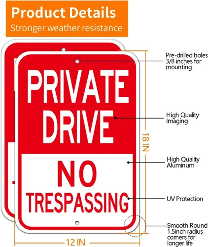 Vista 2 de Señal de entrada privada (paquete de 2) – 12 x 18 pulgadas, letrero de advertencia reflectante de aluminio resistente sin óxido, fácil de montar Rojo