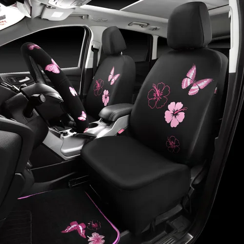Vista 2 de CAR PASS Juego de fundas universales para asiento delantero de automóvil, diseño de flores bordadas, impermeables, fundas para volante, mariposa