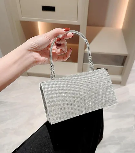 Vista 5 de Comeon Bolso de mano de noche con purpurina y diamantes de imitación brillantes para mujer, bolso plateado con cristales brillantes para baile