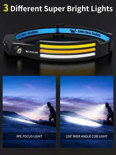Vista 3 de Smiling Shark Linterna frontal LED, gran angular de 230°, 3 tiras de luz multicolor, la lámpara principal más brillante recargable con sensor