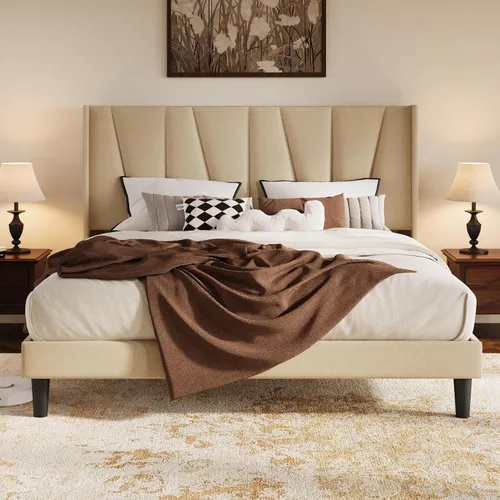 Vista 3 de HOOMIC Base de cama tapizada King con cabecero, color beige Beige claro
