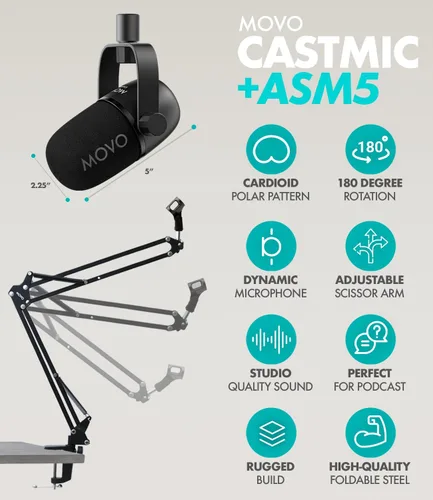 Vista 5 de Movo Paquete de equipos de podcast para 4 personas - Interfaz de audio USB de 4 canales, 4 micrófonos dinámicos CastMic, 4 brazos Boom - Kit
