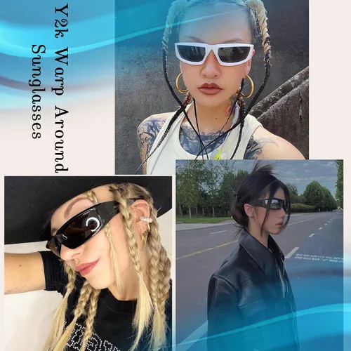 Vista 3 de Dollger Paquete de 2 lentes de sol envolventes futuristas para mujeres y hombres, moda Y2K Biker Rider Visor Shield para deportes al aire libre