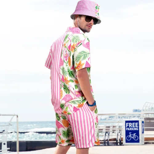 Vista 2 de Harloon Conjunto de 4 piezas de camisa hawaiana y pantalón corto para hombre, traje turístico de playa, flamenco, traje tropical, traje de cubo