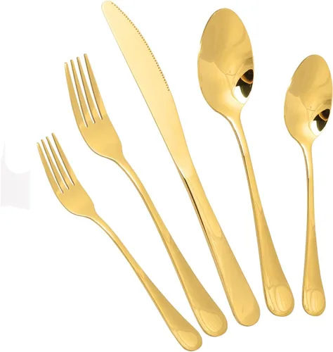 Vista 12 de Juego de cubiertos de acero inoxidable, juego de vajilla de 20 piezas, elegante cuchillo, tenedor, cuchara, cubiertos, servicio para 4 (dorado)