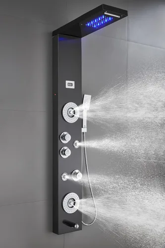 Vista 5 de Sistema de panel de ducha de acero inoxidable tipo torre de Ello&Allo, cabezal de LED, modo cascada o lluvia; sistema de hidromasaje con chorros