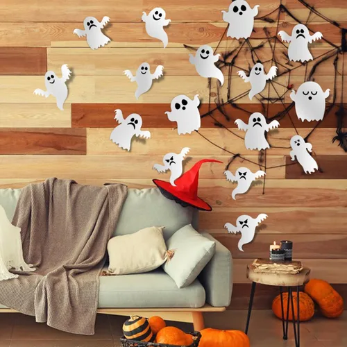 Vista 3 de Calcomanías 3D de fantasmas de Halloween, 42 unidades, reutilizables, autoadhesivas, blancas, para decoración de pared, suministros de fiesta
