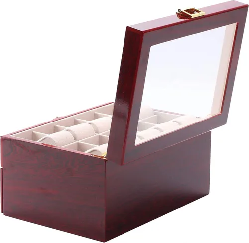 Vista 7 de Caja de almacenamiento para relojes de madera con 20 ranuras y tapa de cristal para joyas, con 20 cojines extraíbles y suaves para hombres y mujeres
