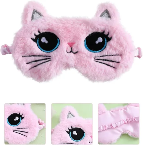 Vista 6 de LUOZZY Linda máscara para dormir de animales de felpa suave, bonita máscara para dormir con ojos de gato de dibujos animados para mujeres y niñas
