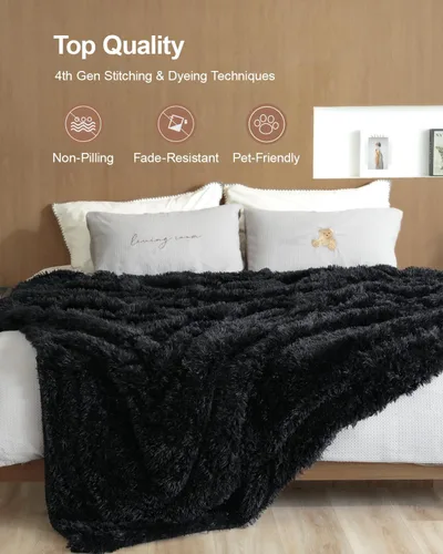 Vista 4 de Pawque Manta de piel sintética de 50 x 60 pulgadas, manta suave y esponjosa, cálida y gruesa, de pelo largo, reversible, ligera, acogedora para Negro