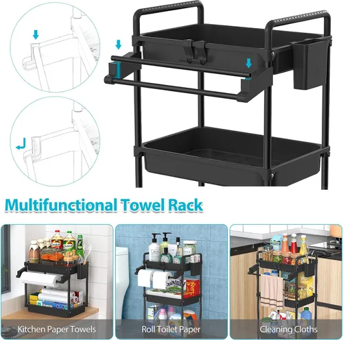 Vista 2 de SPACEKEEPER Carrito de almacenamiento rodante, carrito utilitario de 3 niveles, organización de cuarto de servicio, estantería móvil, organizador