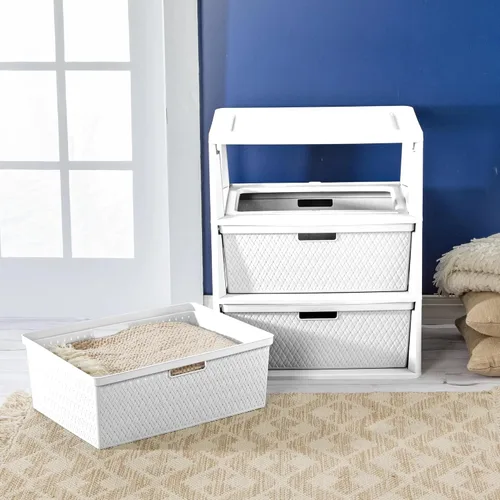 Vista 8 de Amplia unidad de almacenamiento de 3 cajones, fácil montaje, sin herramientas, cajones decorativos extraíbles de plástico de tejido cruzado