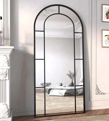 Vista 10 de Espejo de longitud completa, 56x22", espejo grande arqueado, espejos de cuerpo completo de panel de ventana negro para pared, espejos de pie