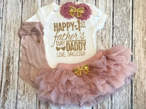 Vista 4 de Regalo personalizado para el Día del Padre, traje de bebé niña con nombre personalizado rosa y dorado opcional tutú Bloomers diadema y calentadores