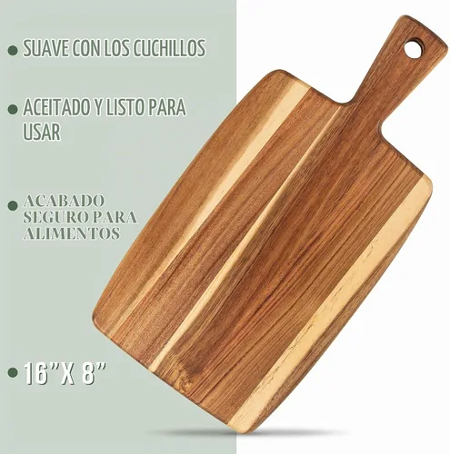 Vista 3 de Tabla de cortar de madera de acacia y tabla de cortar con mango para carne, tabla de queso, verduras, pan y embutidos – Tabla decorativa de madera
