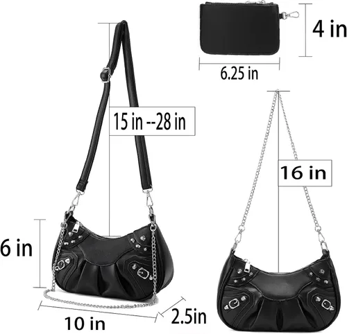 Vista 6 de Bolso de hombro pequeño para mujer, con cadena plateada, moneda extraíble, con cremallera, correa cruzada