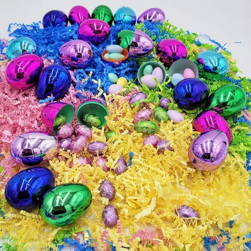 Vista 7 de The Dreidel Company Huevos de Pascua rellenables (paquete de 12) de colores metálicos brillantes con bisagra, huevos de Pascua de plástico a granel