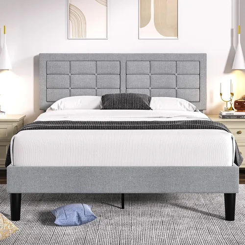 Vista 19 de VECELO Base de cama tamaño matrimonial, cabecera tapizada ajustable con botones, marco de cama resistente con soporte de listones de madera,