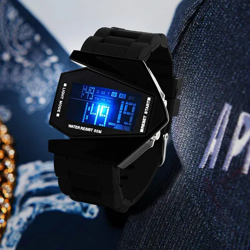 Vista 2 de FANMIS Unisex elegante estilo avión pantalla digital impermeable deportes al aire libre correa de silicona LED reloj de pulsera