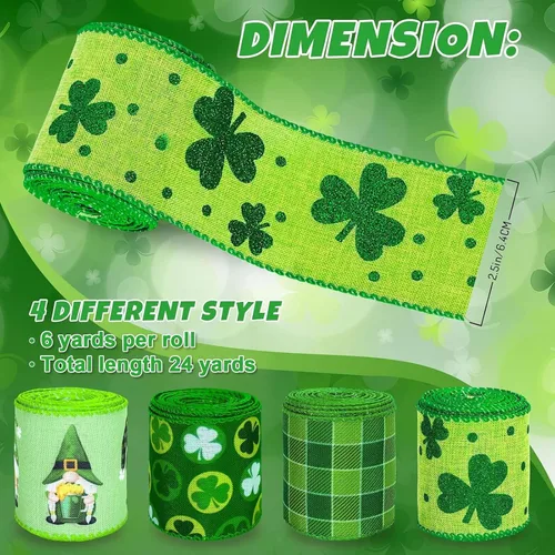 Vista 2 de Whaline Cinta de borde con alambre del día de San Patricio, trébol verde, gnomo, tela a cuadros, para envolver manualidades irlandesas
